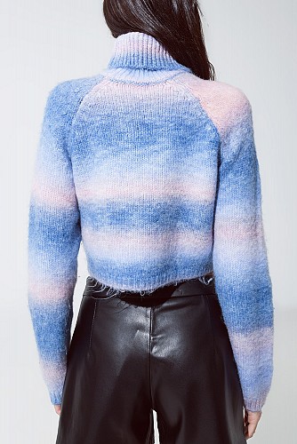 Turtleneck Sweater in Fluffy Knit in Blue And Pink Degrade