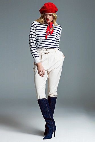 Crew Neck Basic Stripe Sweater in White and Navy