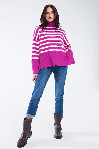 Fuchsia oversized trutleneck sweater with white stripes and splits on the side