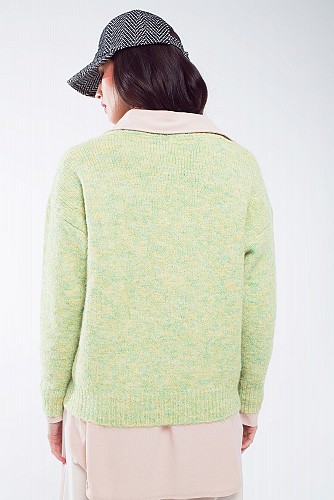 Green fluffy knit sweater with V-neck