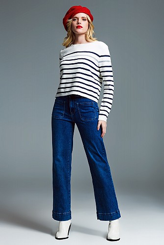 Marine Style Stripey Sweater With Button Detail At Shoulder