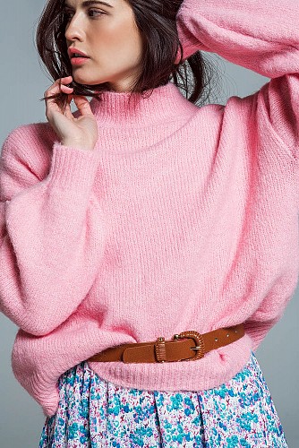 Super Oversized Jumper With High Neck and Balloon Sleeves in Pink
