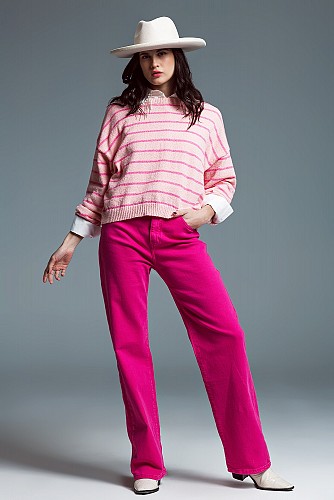 Sweater With Drop Shoulders with Fuchsia Stripes