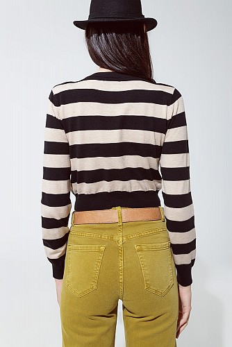 Crew Neckline Sweatshirt with Stripe Black and Beige Design