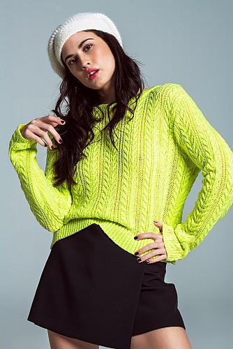 Lime green cable knit jumper with open back and bows