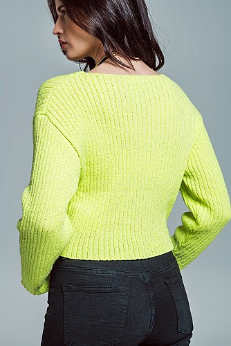 Boat Neck Relaxed Jumper In Chunky Rib in Lime Green