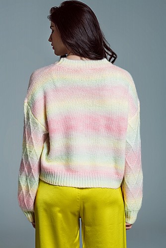 Relaxed Sweater With Ombre Print in Shades Of Pastel And Argyle Print At The Sleeves