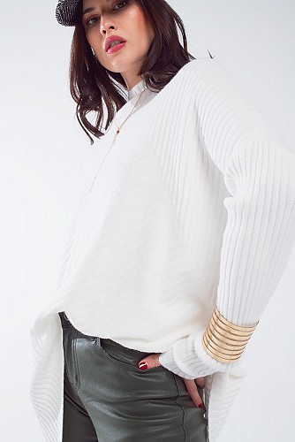 Oversized white sweater with stripes details