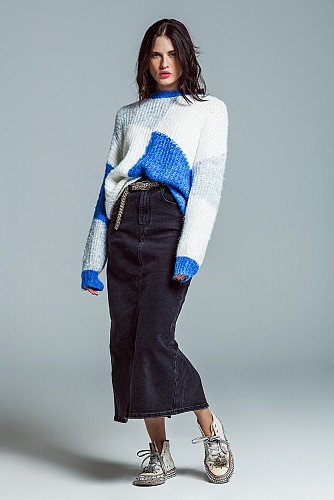 Relaxed color block sweater in blue and grey chunky rib