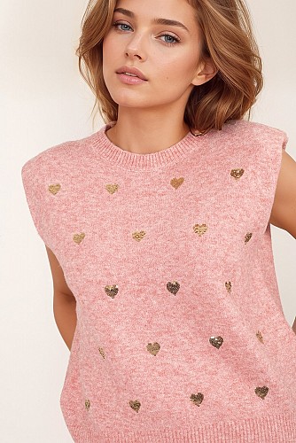 Sleeveless sweater in pink with silver sequin hearts