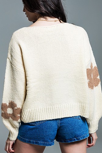 Oversized Balloon Sleeve Cream Sweater With Light Brown Flowers