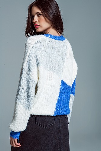 Relaxed color block sweater in blue and grey chunky rib