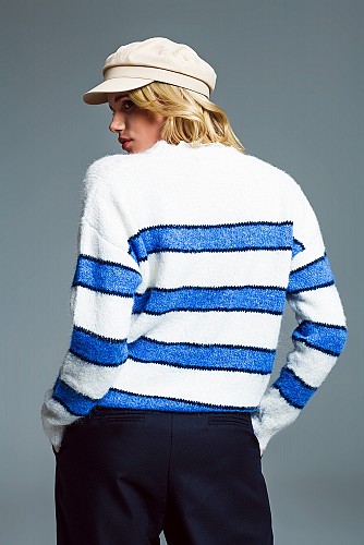 Soft white sweater with blue stripes