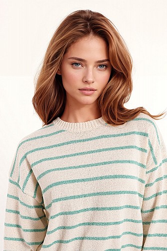 Sweater With Drop Shoulders in White with Green Stripes