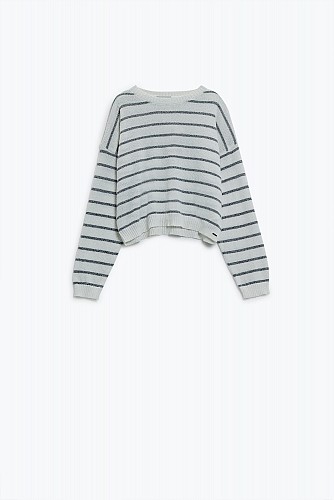 Sweater With Drop Shoulders in White with Grey Stripes