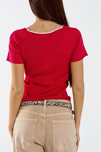Fuchsia Knitted Short Sleeve Sweater With Square Neck and  White Trim