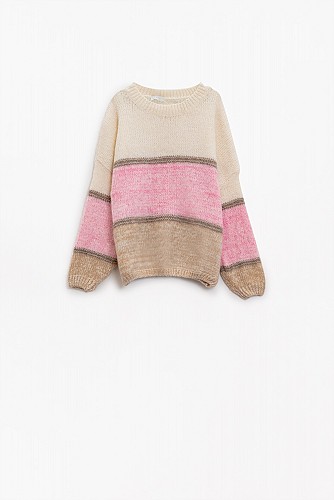 Sweater Stripe Design In Creme Pink and Brown With Crew Neck