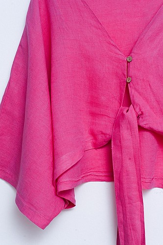 Q2 Linen Knot front top with kimono sleeve in fuchsia