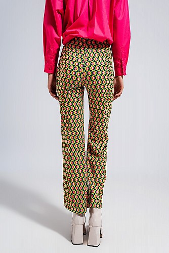 Q2 High waisted flared pants in green 70s print