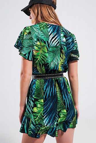 Q2 Wrap jumpsuit in green tropical print