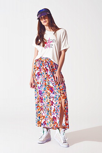 Q2 Flower Print Pleated Midi Skirt
