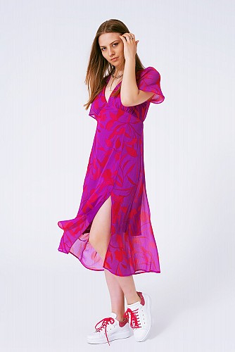 Q2 short sleeve V-neck chiffon maxi dress in floral print