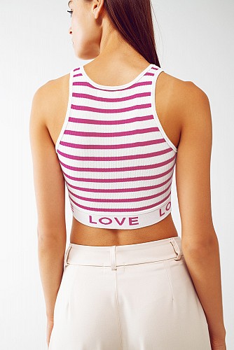 Q2 Striped Cropped Top with Love Text in pink