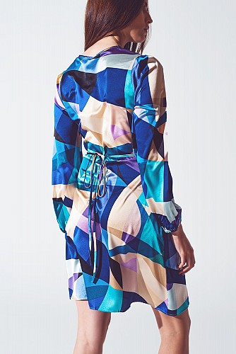 Q2 Wrap Short Abstract Print Dress in Blue