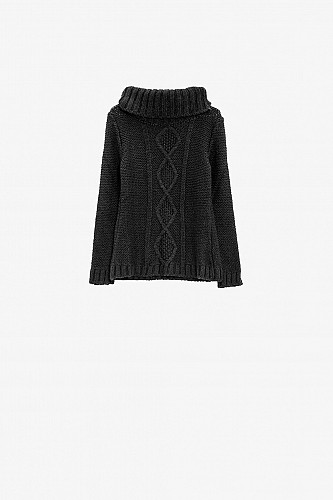 Black Sweater With Cable Knit Design And High Collar
