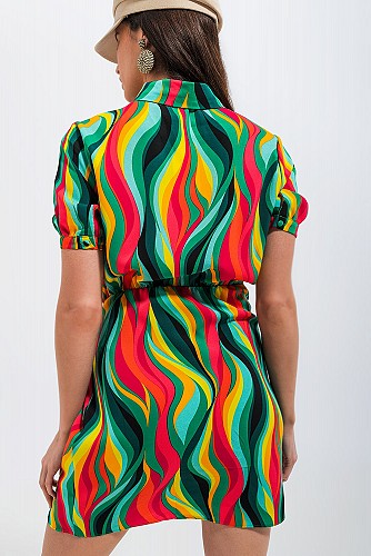 Q2 Mini wrap shirt dress in green swirl print