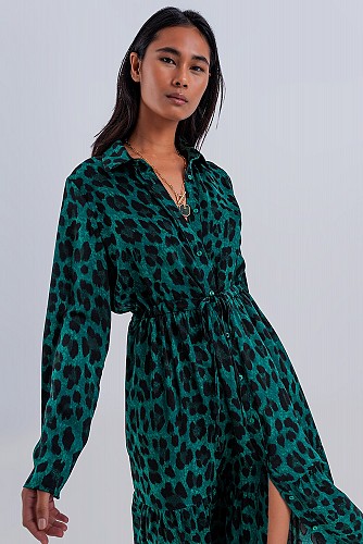 Q2 Tiered maxi dress in green animal print