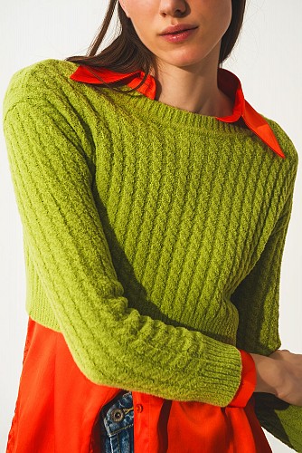Q2 Round neck cable knit crop jumper in lime green