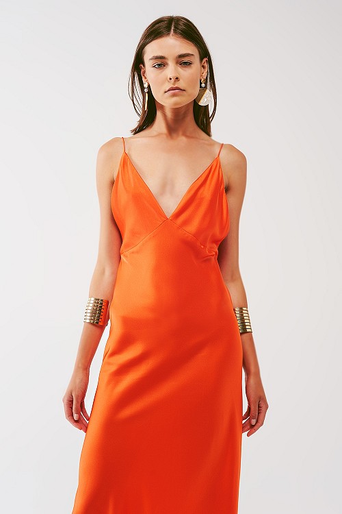 Q2 Satin Maxi Dress with Spaghetti Straps in Orange