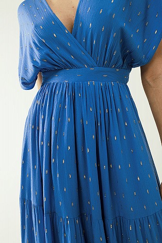 loose maxi blue dress sith golden details