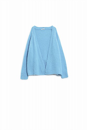Relaxed fluffy knit open cardigan in baby blue with rib at them and cuffs
