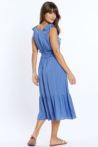 Wrapped Blue Midi Dress With Smock Detail At The Waist and Golden Polka Dots